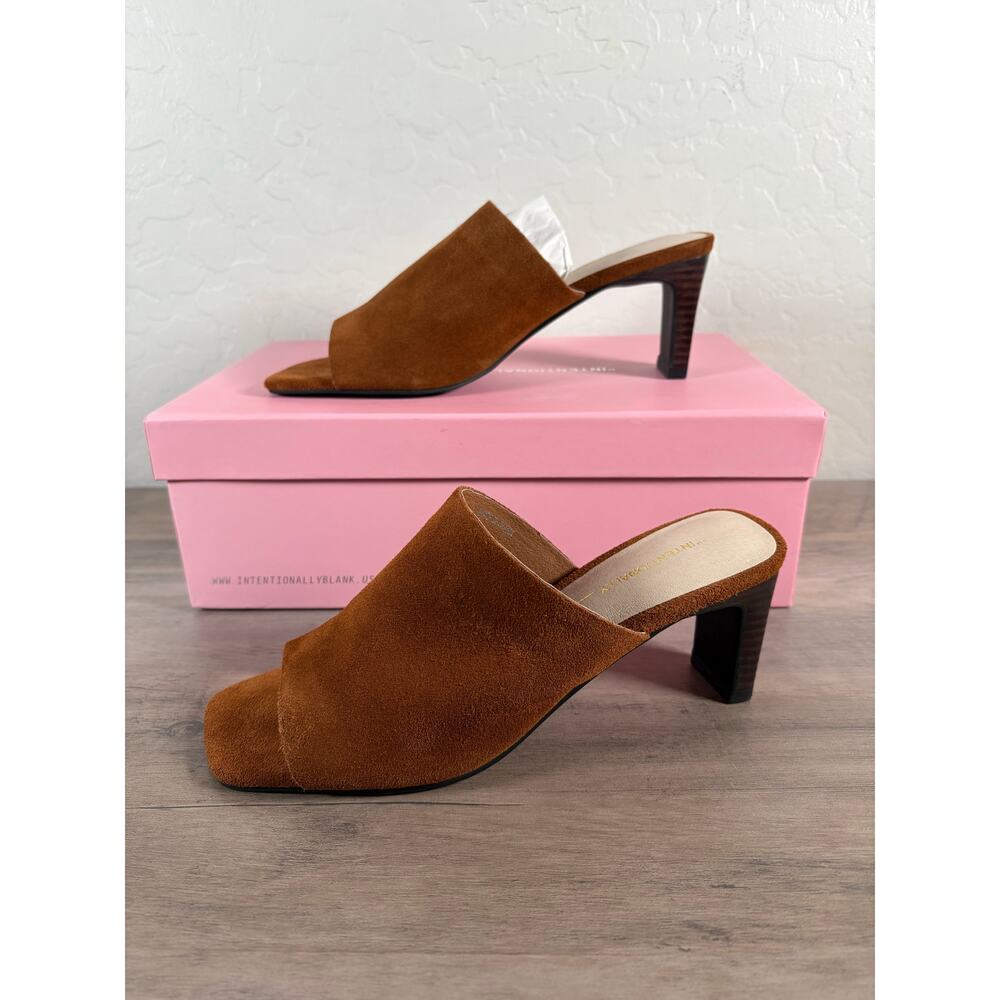 New! Intentionally Blank Trix Wide Heel In Cognac Brown‎ Suede Slip on Shoes 7